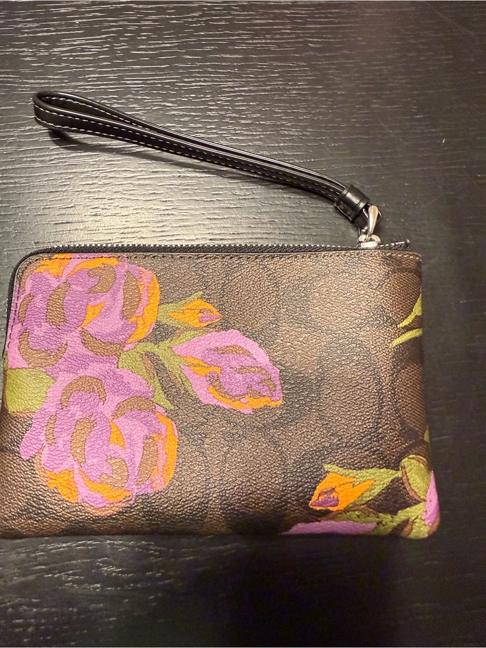 Floral Print Wristlet Pouch - Pink & Orange on Brown